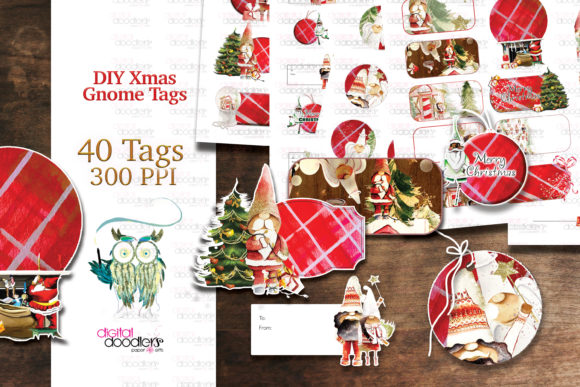 Black Gnome Christmas Printable Tags Illustrations