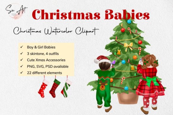 Christmas Babies Boy Girl with Xmas Tree Illustration Review