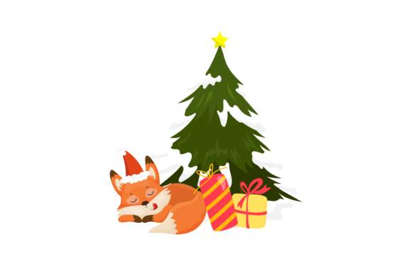 Christmas Tree Illustration Fox Animal for Commercial Use