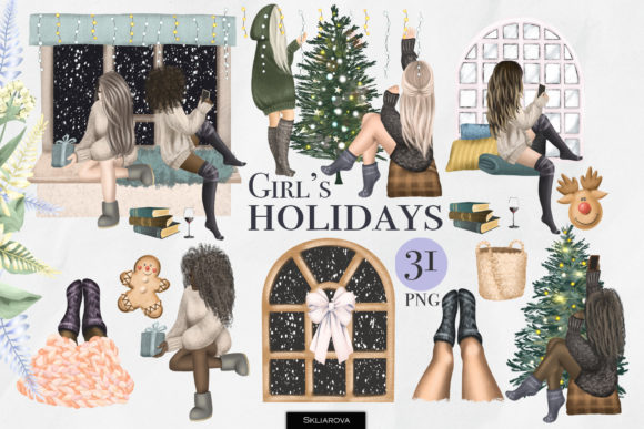 Girl's Christmas Holidays Clipart for Illustrations