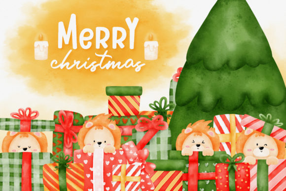 Lion Merry Christmas Presents and Gifts Illustrations